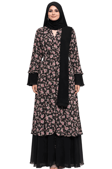 A-lined buttoned Abaya Black and Pink Floral