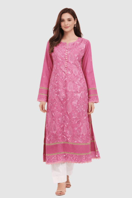 Pink Kurti With Floral Embroidery