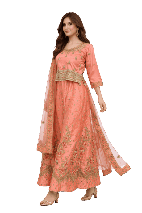 Peach Anarkali With Gold Embroidery
