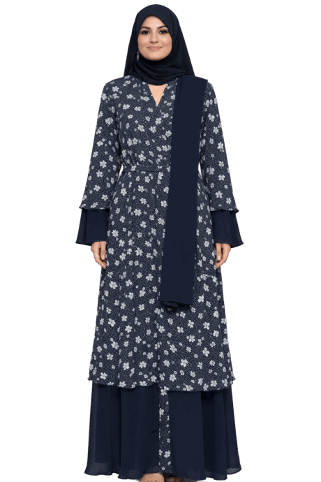 A-lined buttoned Abaya Blue Floral