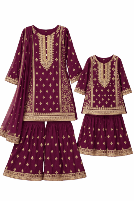 Wine Gold Embroidered Gharara Set