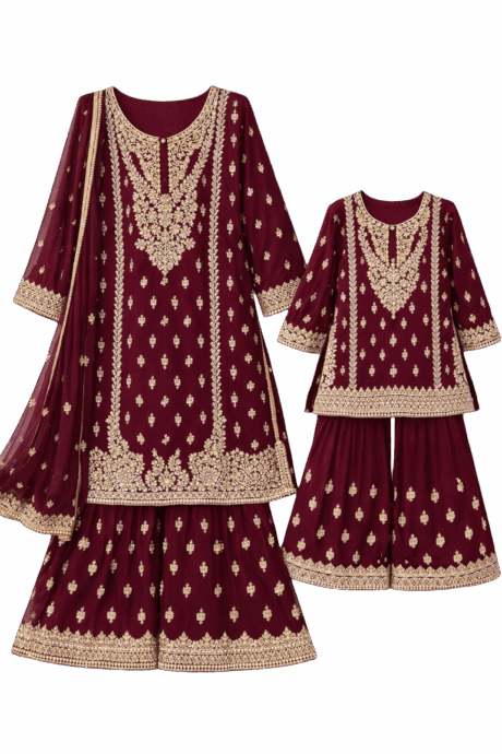 Maroon Gold Embroidered Gharara Set