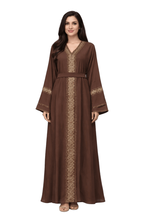 Brown and Gold Embroidery Abaya with Belt