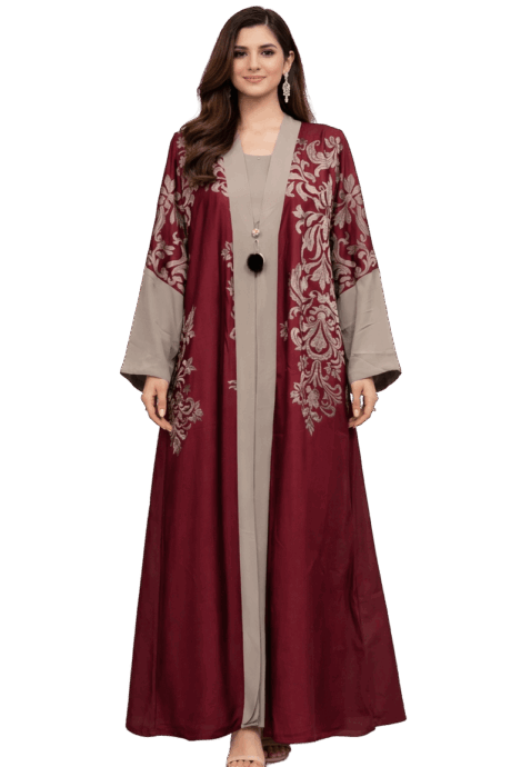 Burgundy Embroidery A-lined buttoned Abaya
