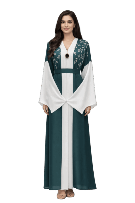 Emerald and White Abaya with Belt