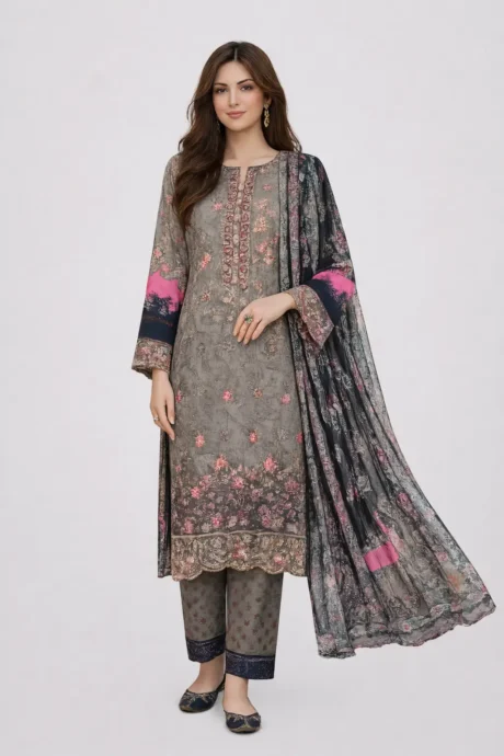 Grey Floral Printed Kurti Set
