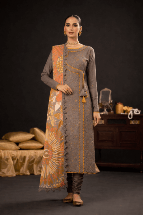 Grey & Mustard Embroidered Dress