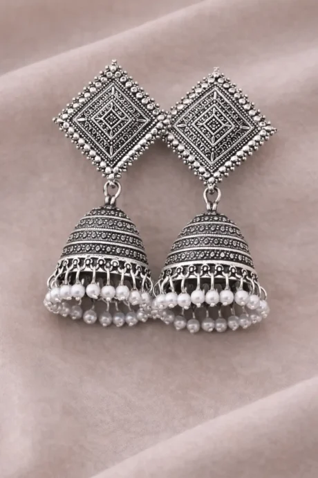 Ethnic Oxidized Silver Pearl Drop Earrings