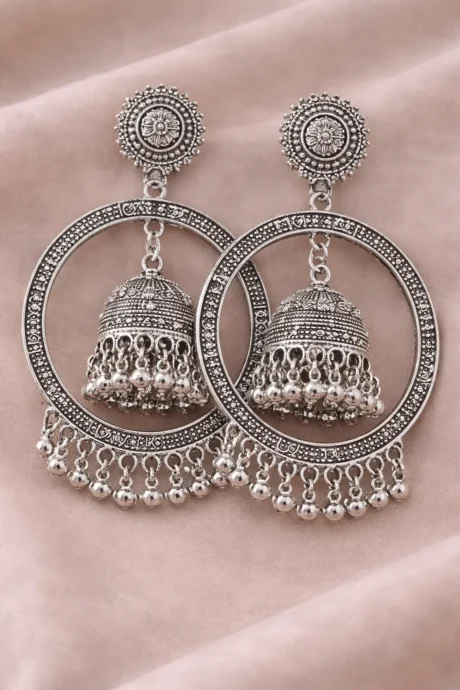 Oxidized Silver Jhumka Hoop Earrings