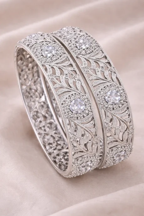 Elegant Silver Bangles With Diamonds