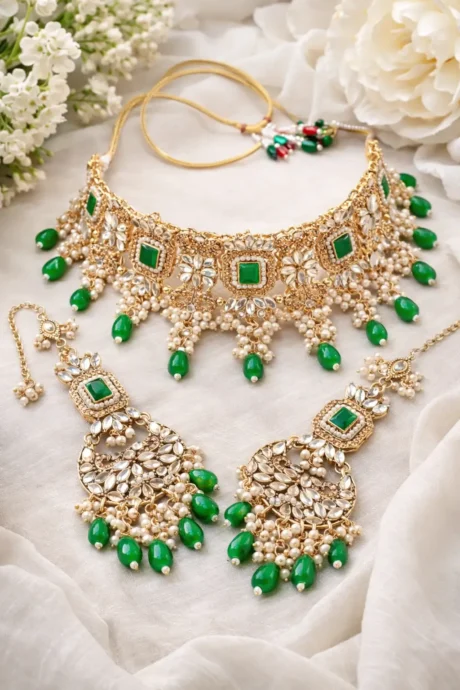 Elegant Emerald Kundan Jewelry Set