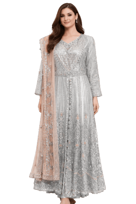 Silver Gown With Peach Dupatta