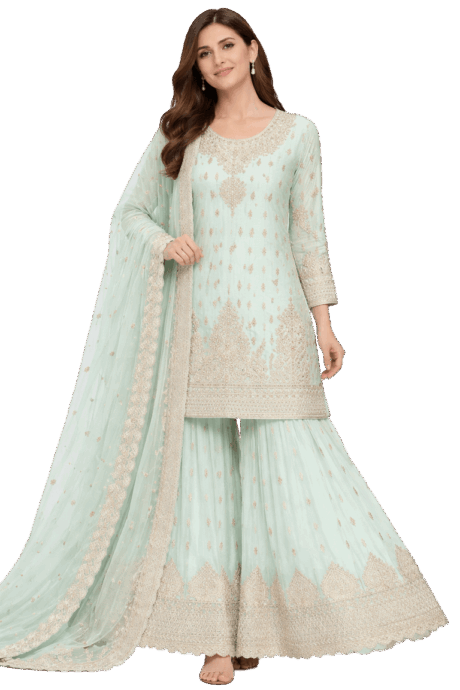 Mint Green Gharara With Embroidery