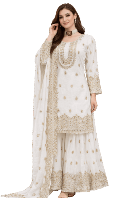 White Gharara With Golden Embroidery