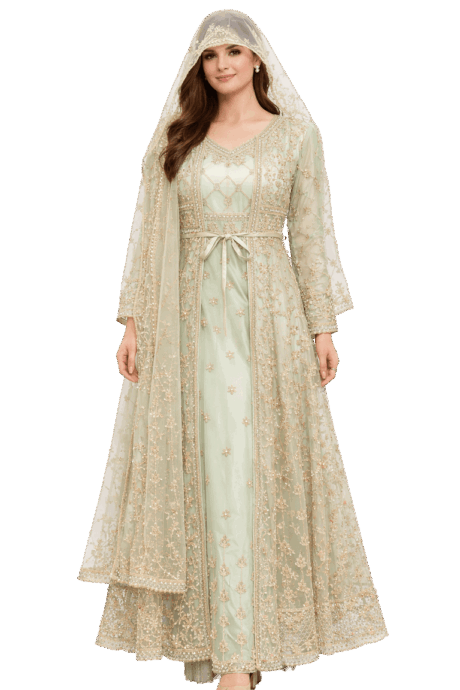 Pale Green Dress With Gold Embroidery