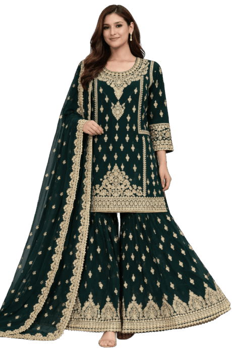 Dark Green Gharara With Gold Embroidery