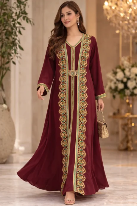Traditional Burgundy Embroidered Dress Set
