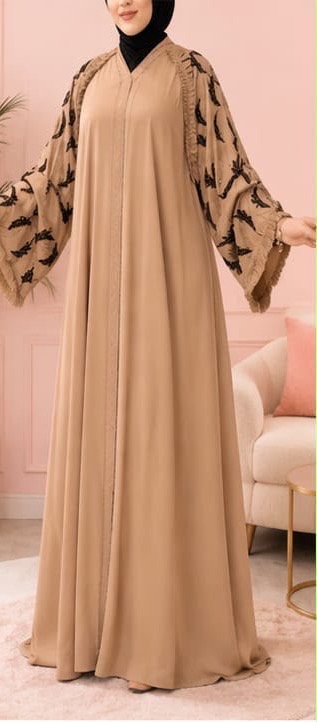 Luxury Beige Embroidered Bell-Sleeve Dubai Abaya