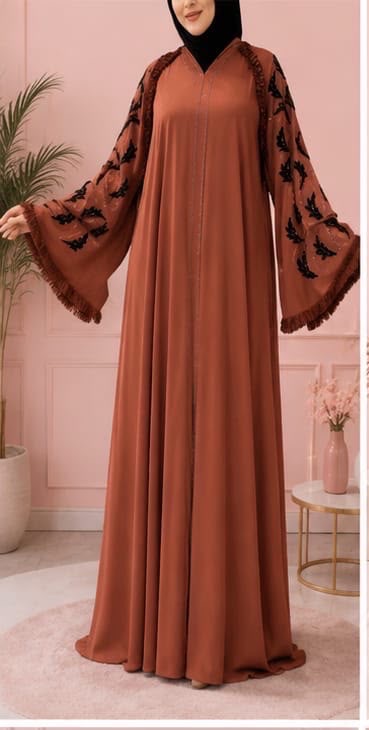 Luxury Rust Embroidered Bell-Sleeve Dubai Abaya