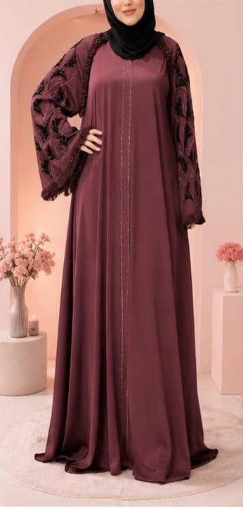 Luxury Plum Embroidered Bell-Sleeve Dubai Abaya