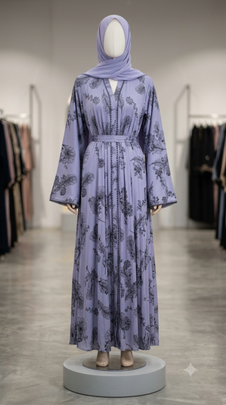 Women's Flared Feather Print Dubai Abaya with Matching Belt & Hijab