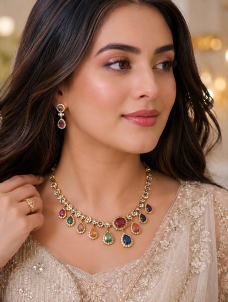 Radiant Gold-Plated Multi-Color Navratna-Style American Diamond Necklace Set with Drop Earrings