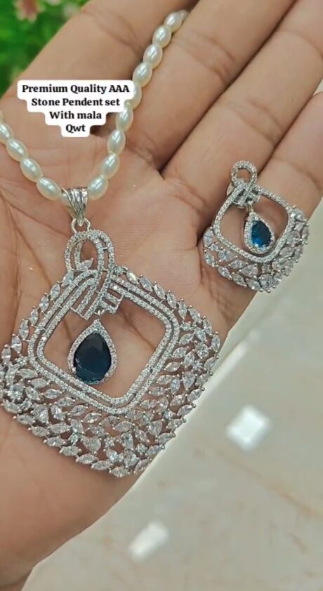 Premium AD Stone Blue Pendant Set with Pearl Mala