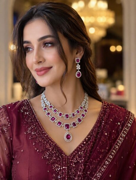 Royal Double-Layer Silver-Plated Ruby Red American Diamond Necklace Set with Drop Earrings