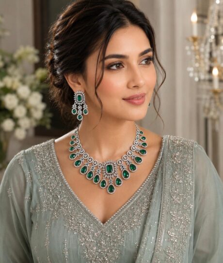 Silver-Plated Green & Silver AD Bridal Necklace Set