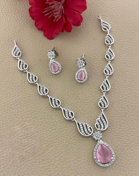 Elegant Silver-Plated Pastel Pink Pear-Cut American Diamond Necklace Set with Matching Earrings